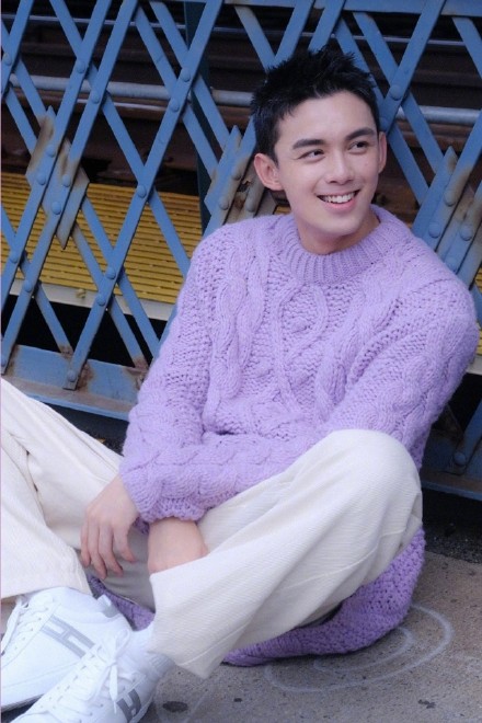 蔡徐坤紫色菱格毛衣图片